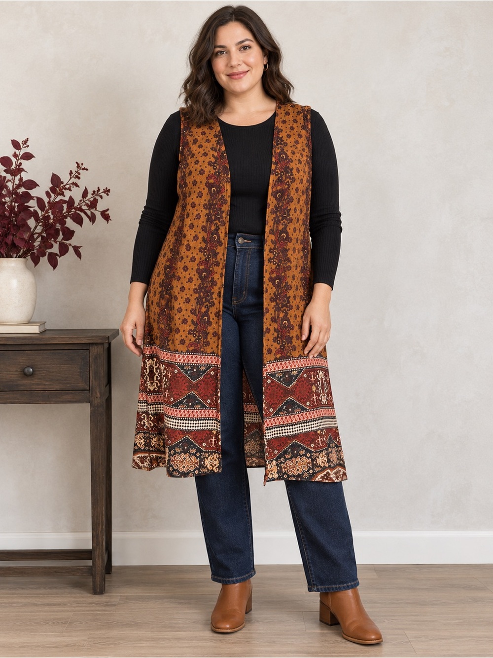 Boho Y2K Vest Tapestry Border Print Longline Open Front Duster 2X